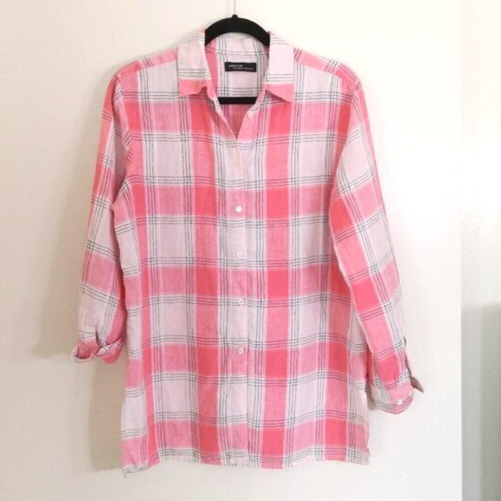 Valerie Stevens 100%‎ Linen Roll Tab Sleeve Plaid Blouse/Top Size M